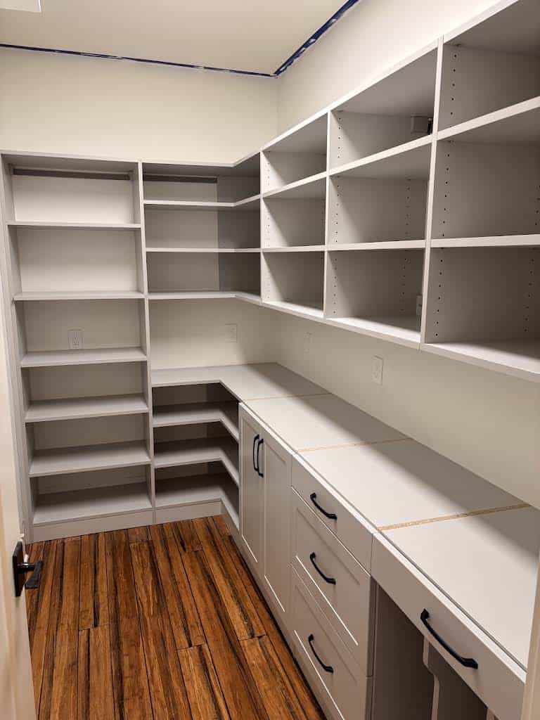 Custom walk-in closet shelving system.