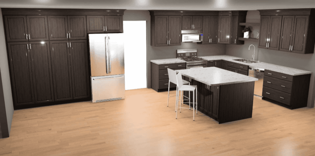 Contemporary kitchen with dark wood cabinets, stainless steel appliances, and a central island for c.