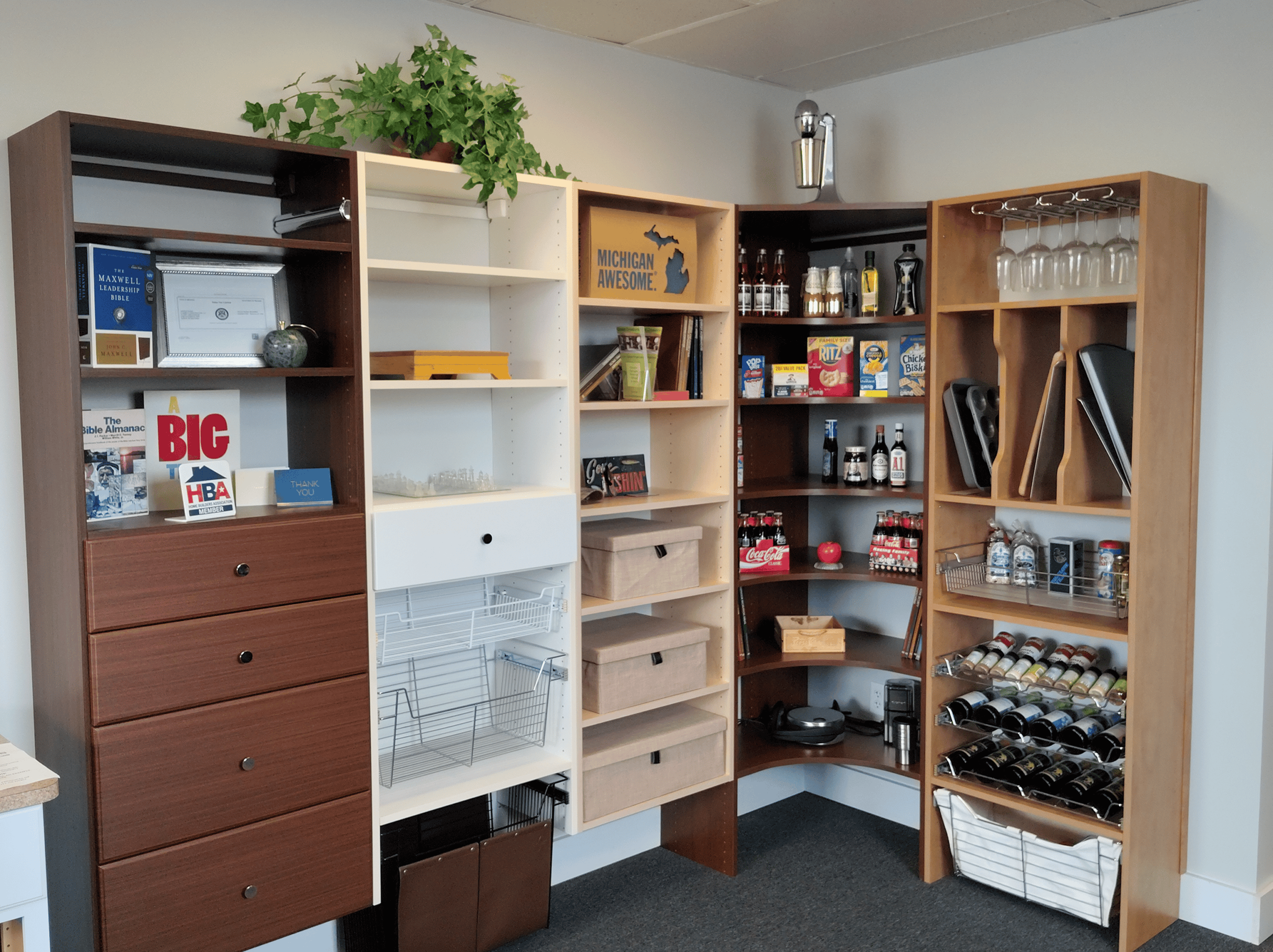 Custom closet organization with wooden shelves and wine racks.