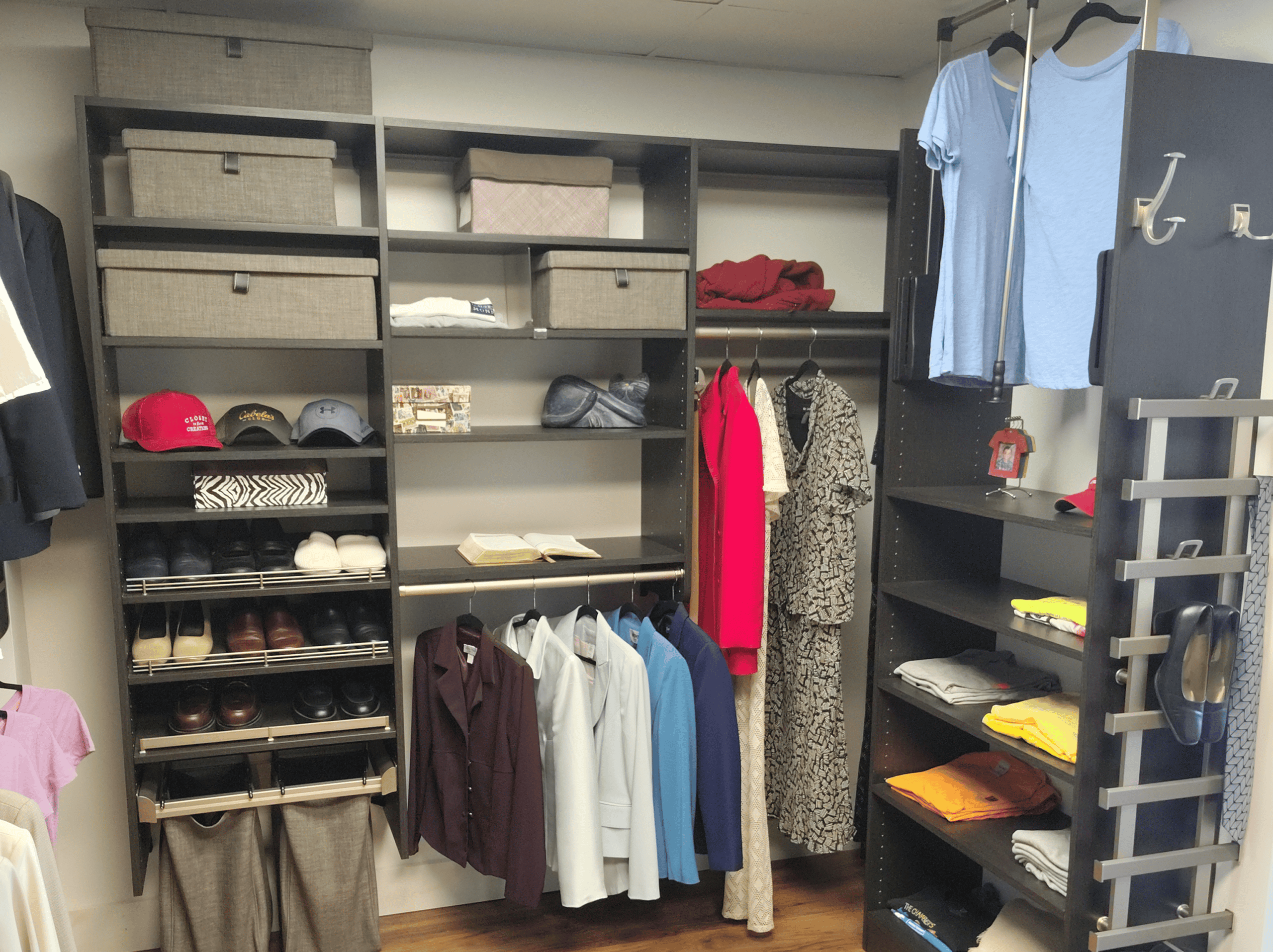 Efficient closet storage solutions with neatly arranged clothing and accessories. Perfect for maximi.