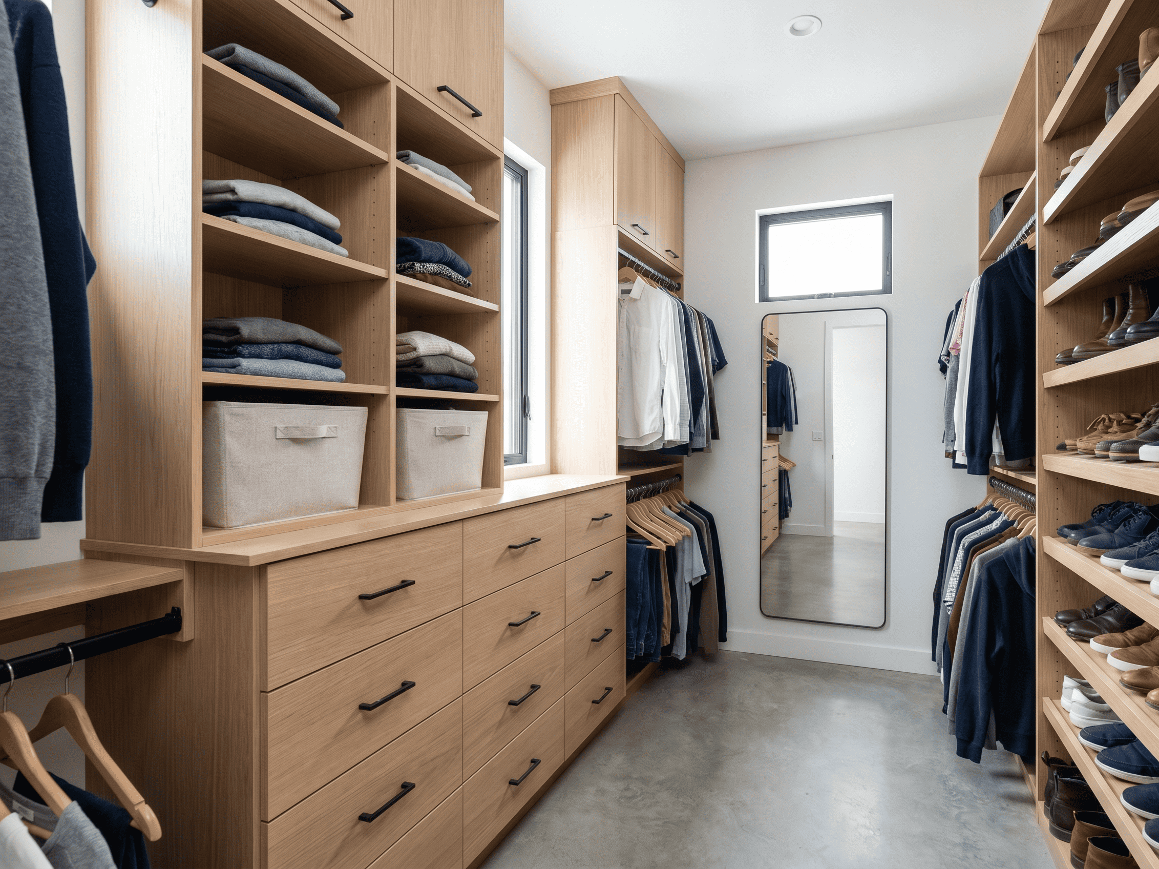 Custom walk-in closet with wooden shelves, drawers, and hanging space for clothing storage.
