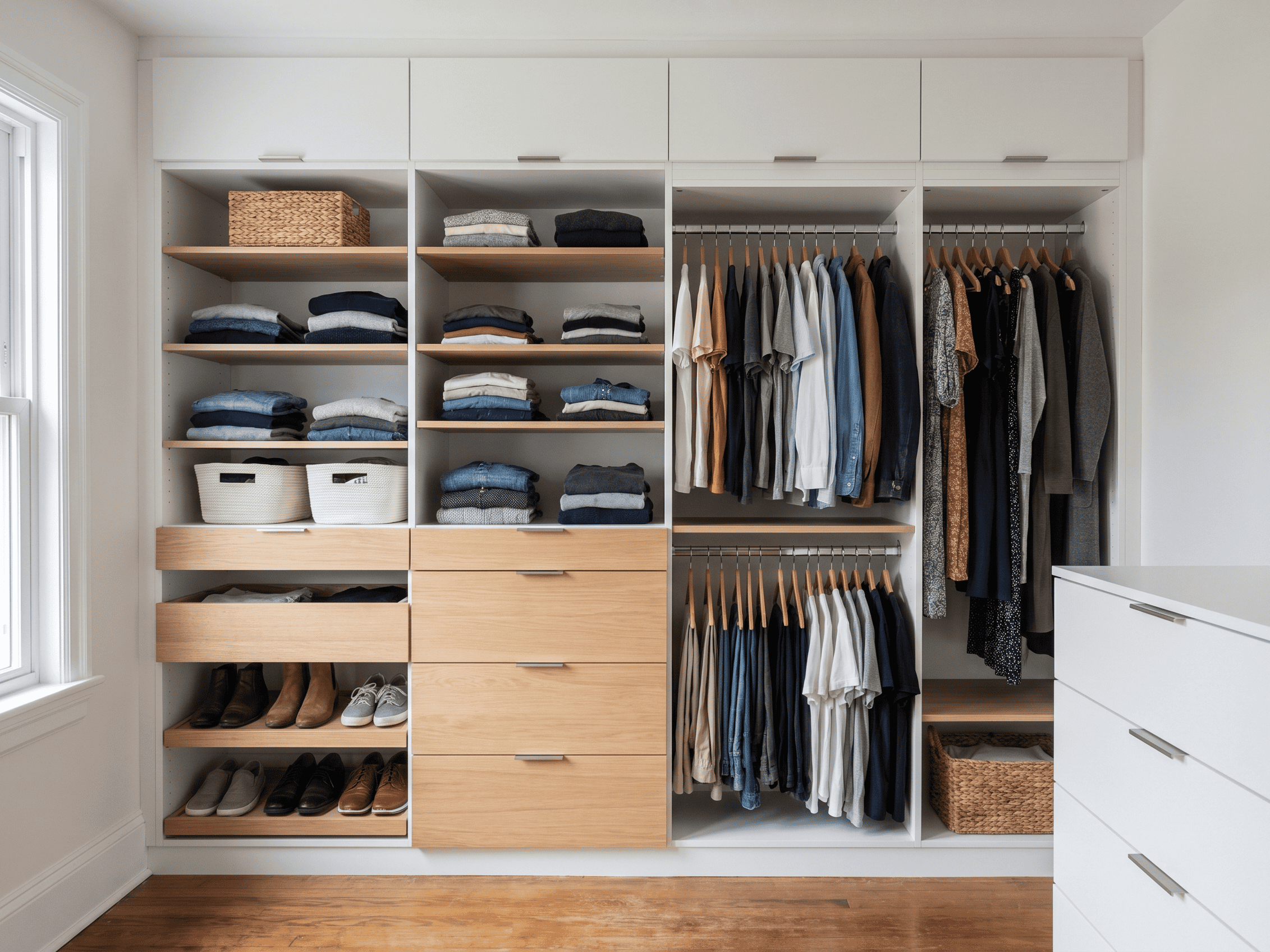 Custom closet organization with shelves, drawers, and hanging space for clothing and accessories.