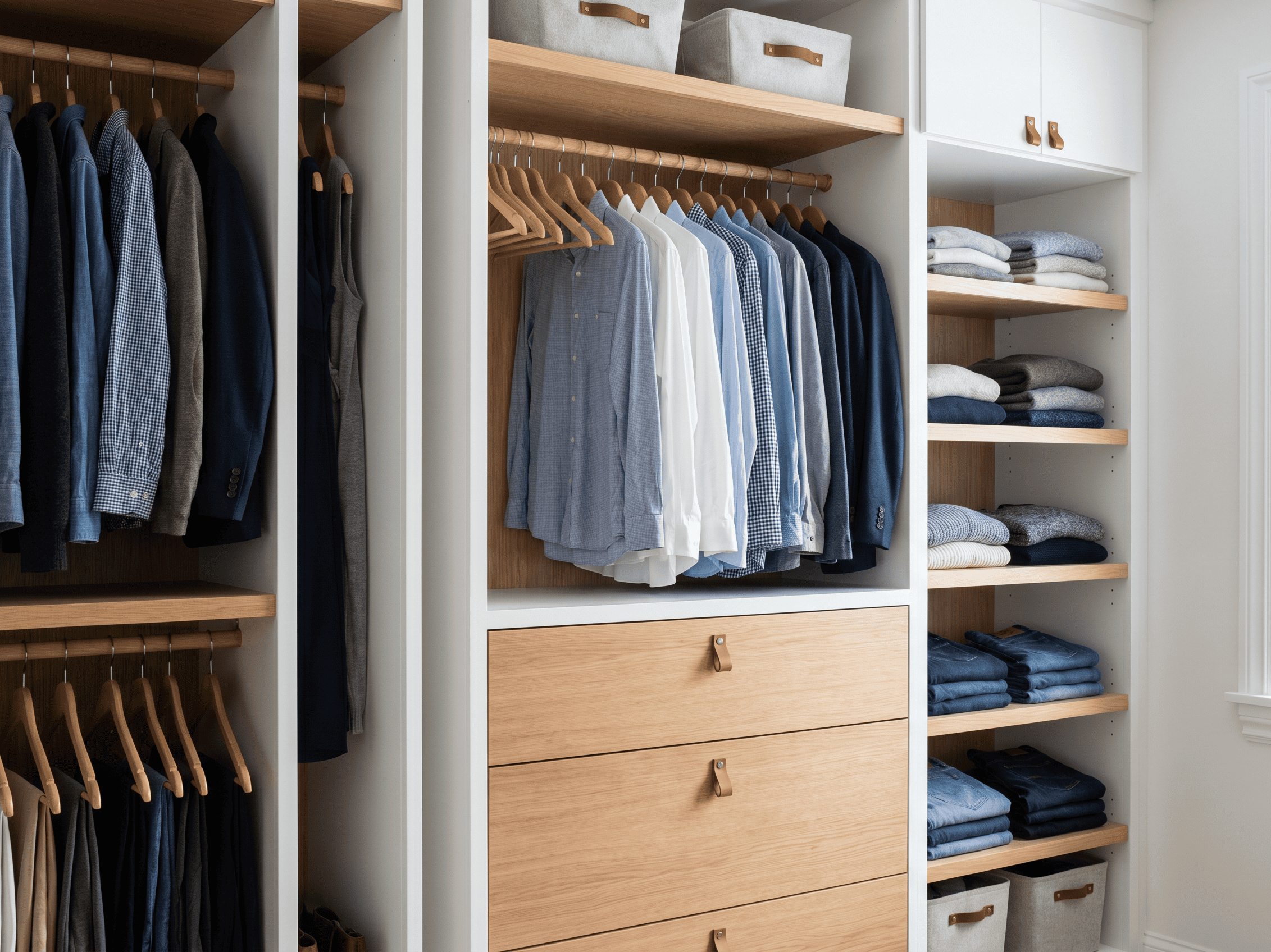 Organized closet with neatly hung shirts and folded pants, showcasing wardrobe storage solutions.