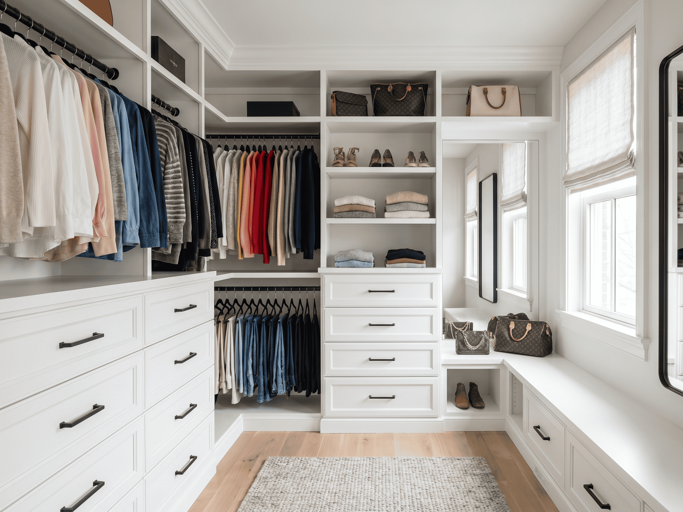 Custom walk-in closet with organized clothing, shoes, and accessories for efficient storage.
