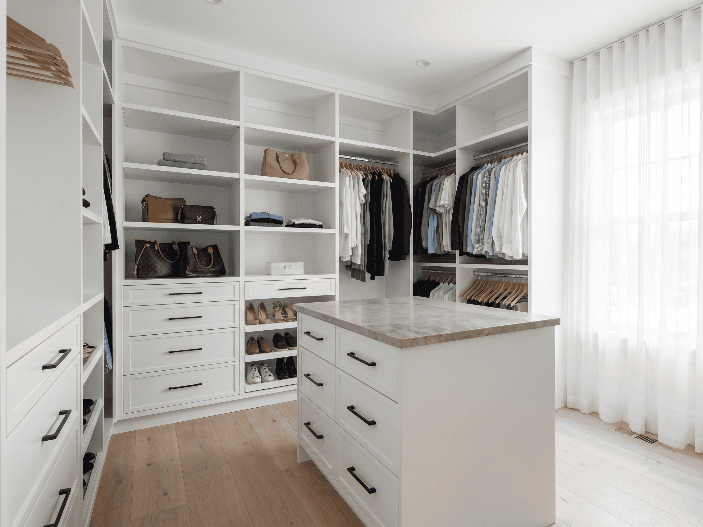 Spacious walk-in closet featuring organized shelves, drawers, and hanging areas for clothing and acc.