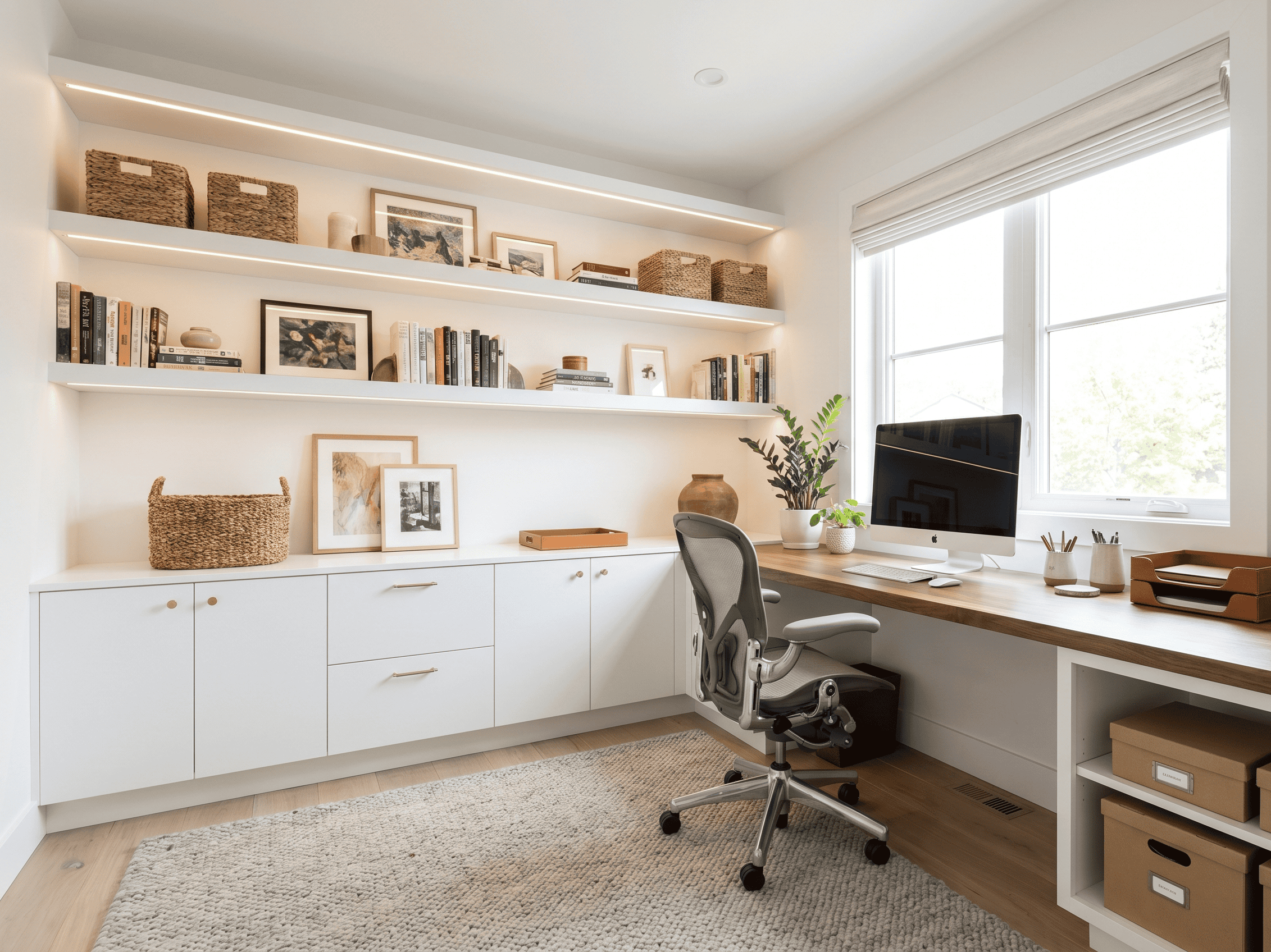 Home office with white cabinetry and floating shelves for organization.