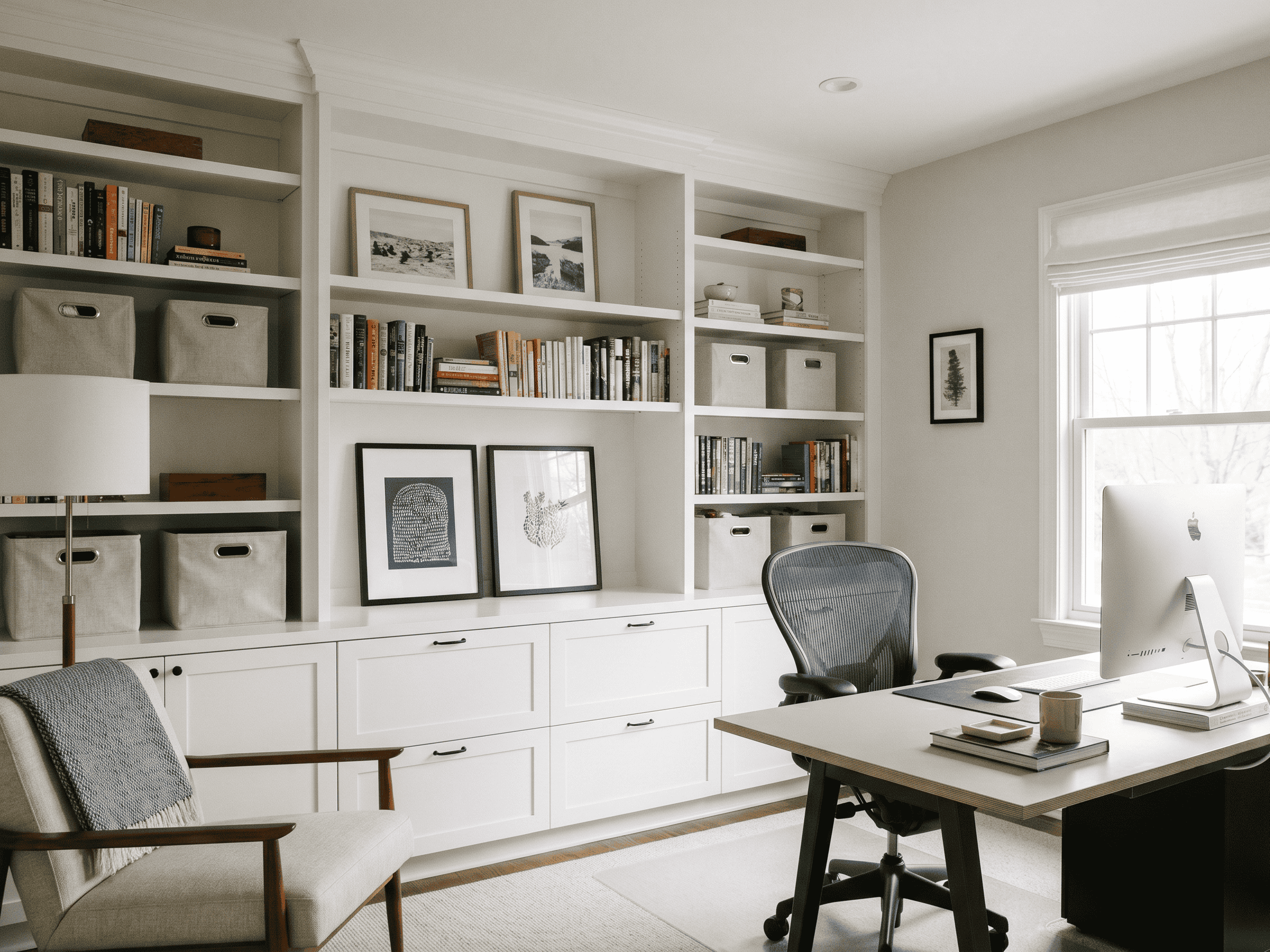 Bright and organized home office with white built-in shelves, desk, and ergonomic chair for producti.