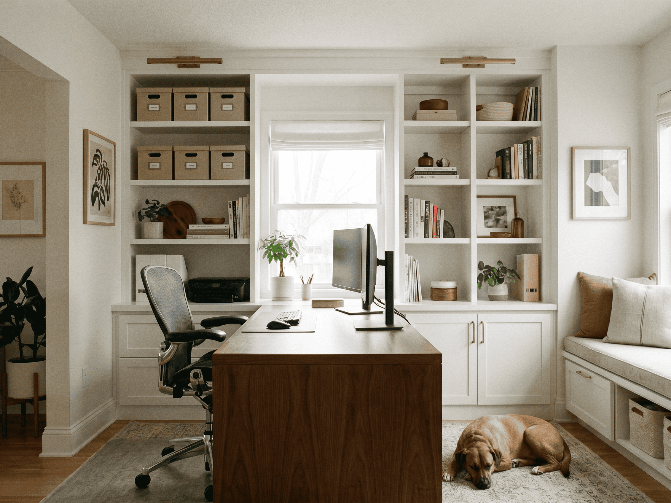 Home office with built-in shelves and storage.