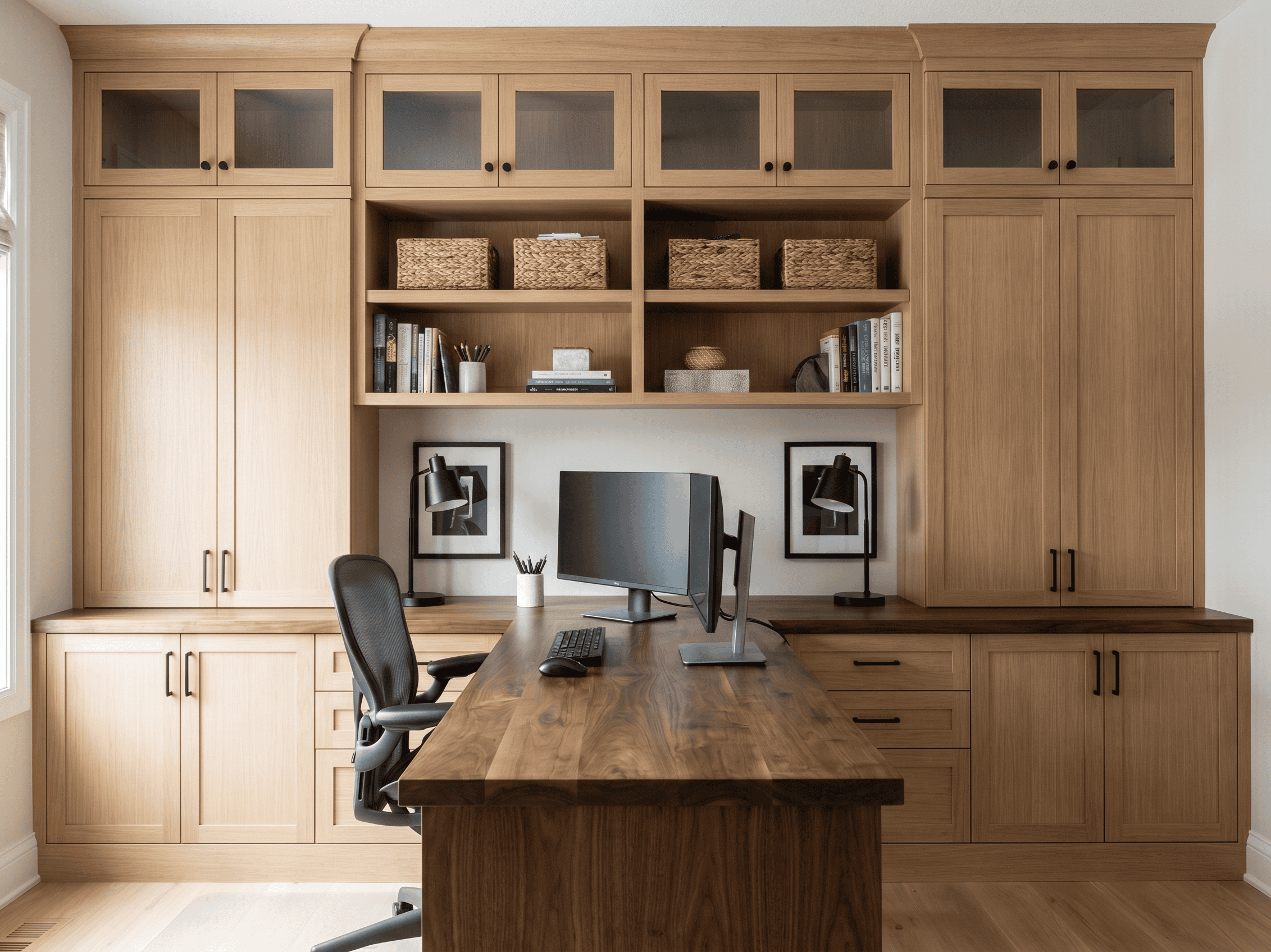 Home office with custom wood cabinetry, desk, and organized workspace for productivity.