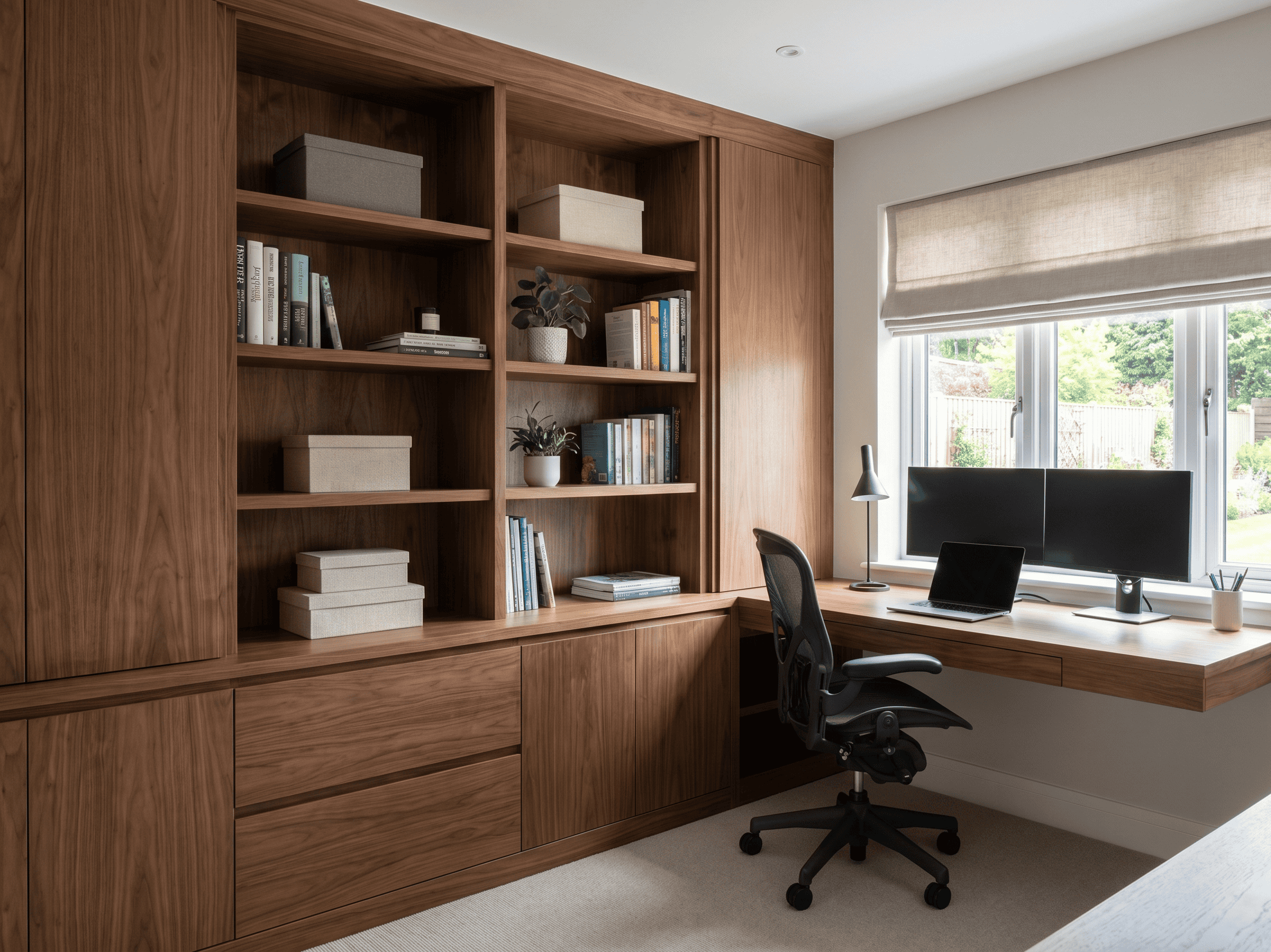 Home office with wooden shelves, desk, dual monitors, and natural light for productive workspace.