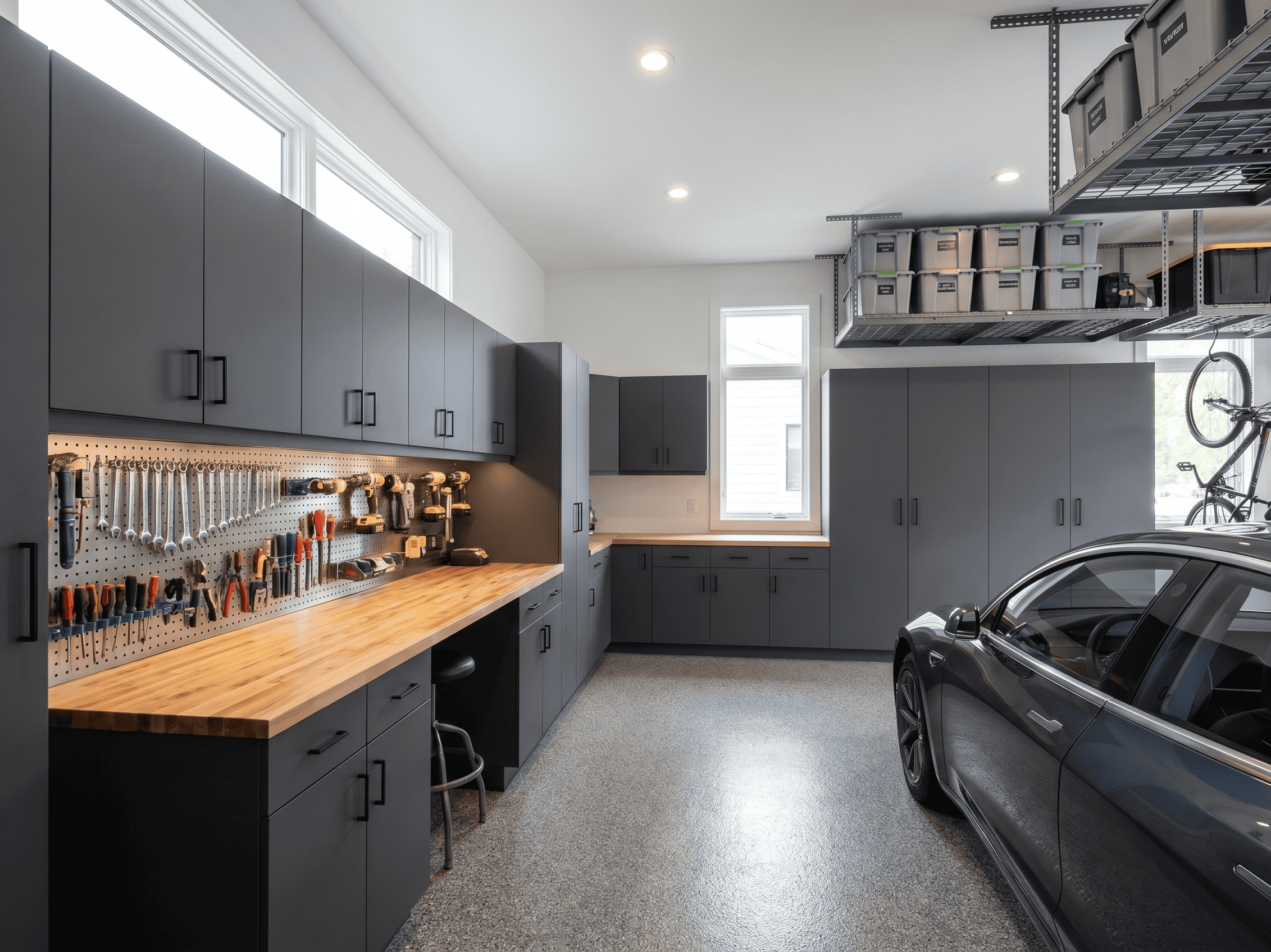 Well-organized garage with storage cabinets, workbench, and tools for efficient space use.