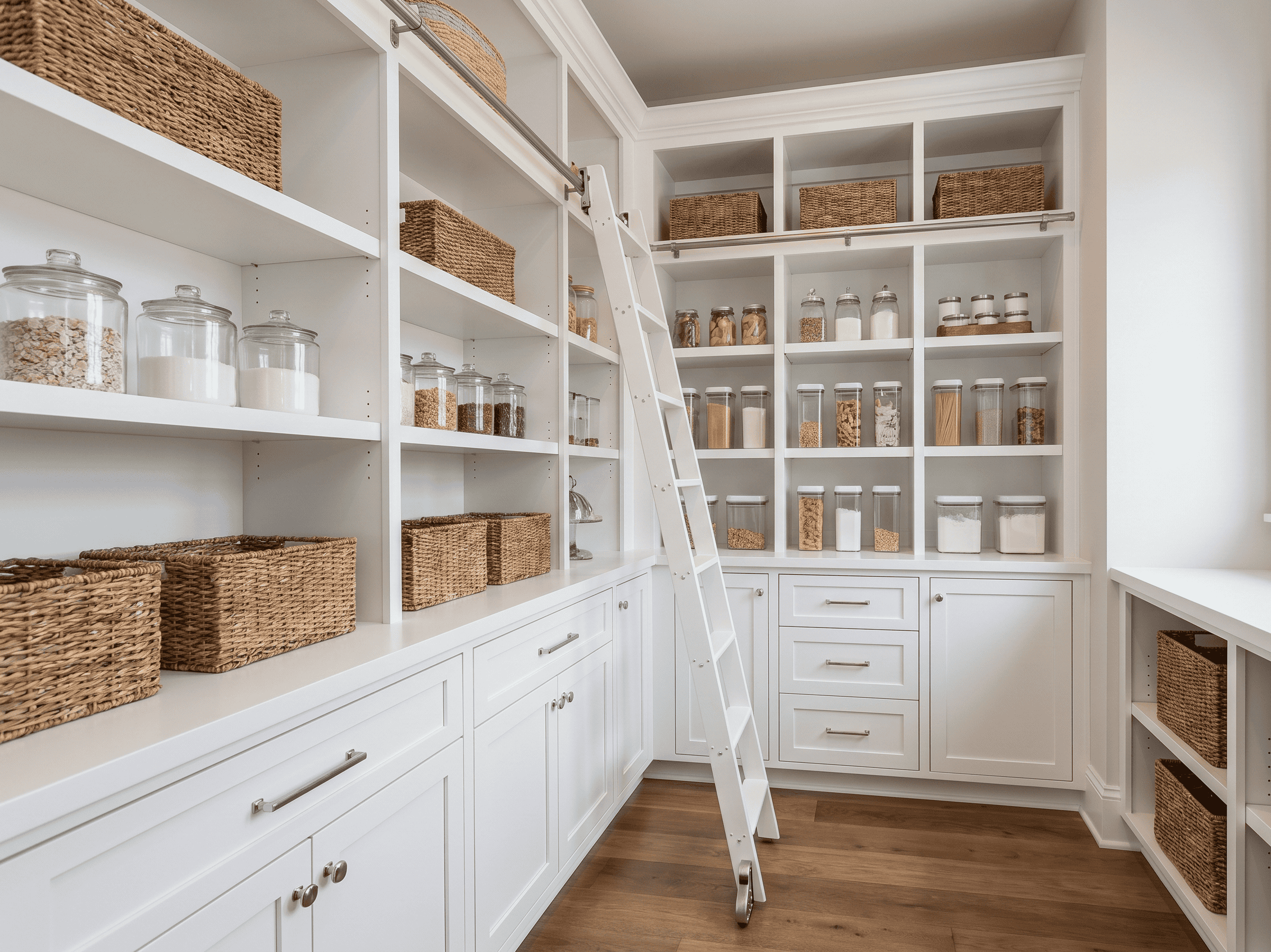 Closet storage with baskets and jars for organized clothing and accessories.