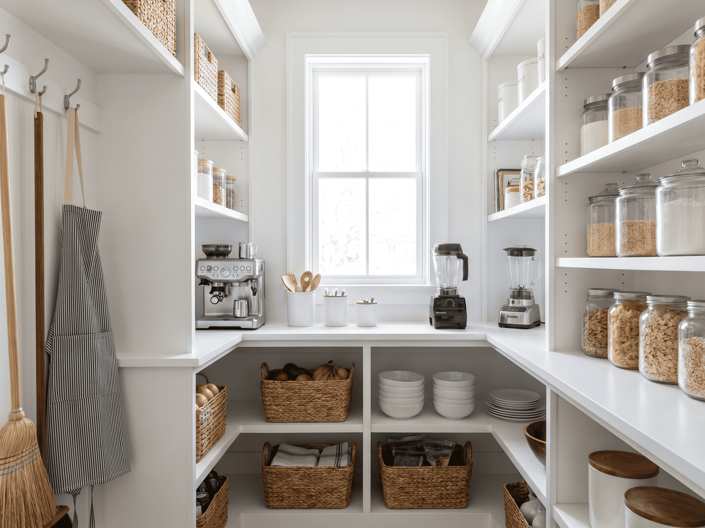Well-organized pantry with shelves, jars, and baskets for efficient kitchen storage.