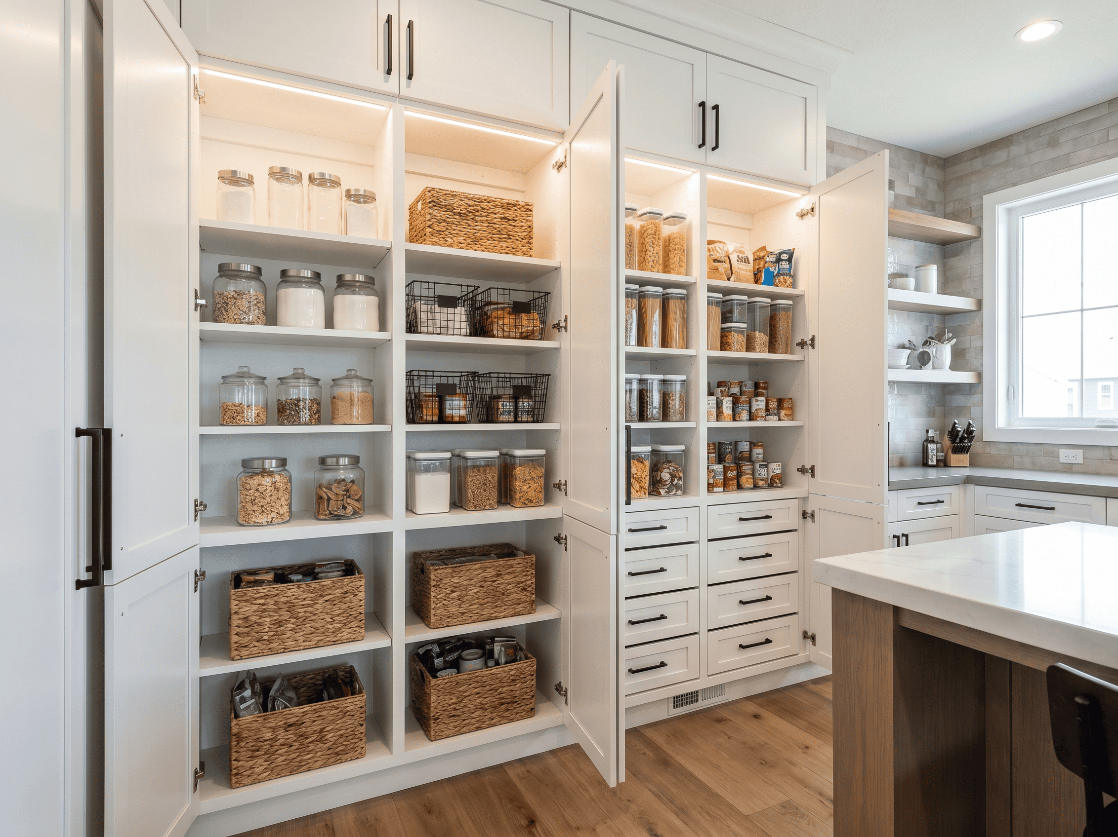 Organized pantry with shelves and baskets for food storage.