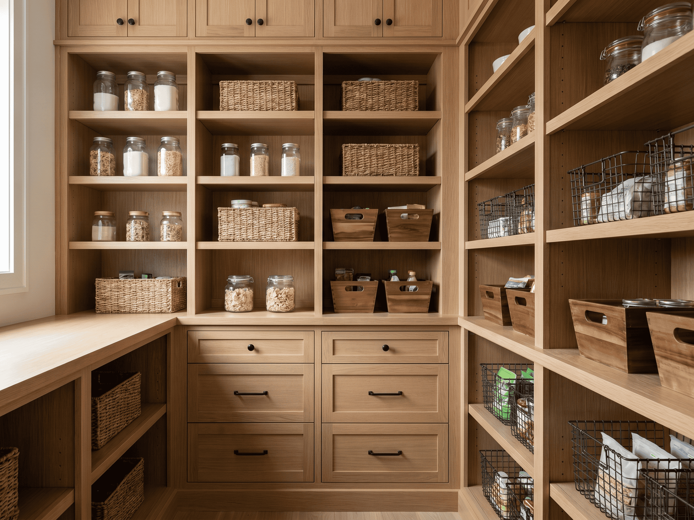 Efficient closet storage with labeled jars and baskets for easy access.