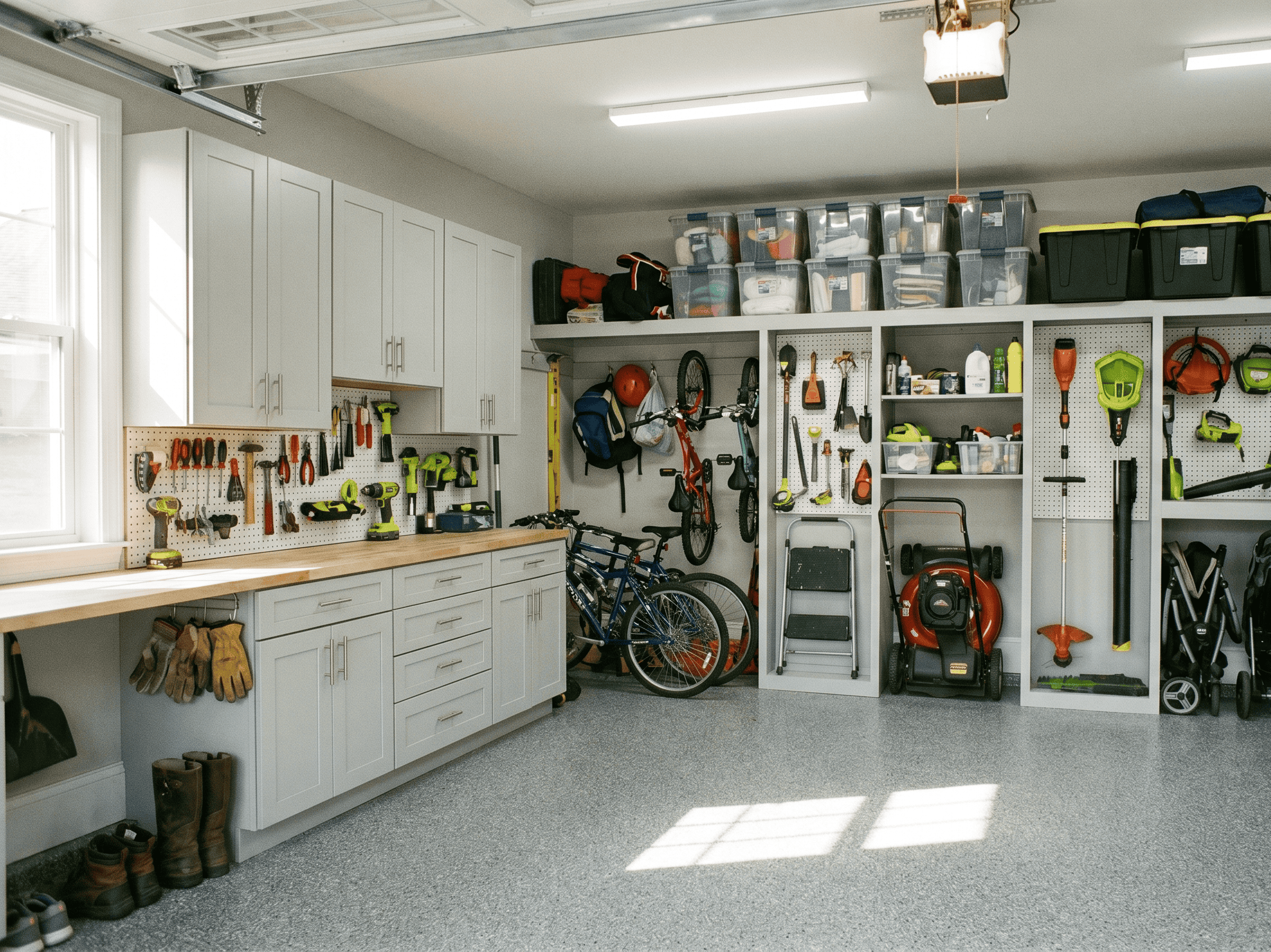 Well-organized garage with tools, bikes, and storage bins for efficient space use.