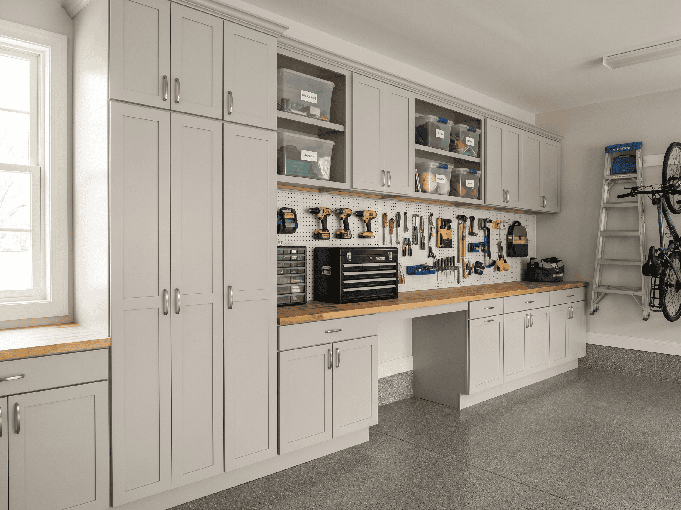 Efficient garage storage with cabinets, shelves, and tool organization for a tidy space.