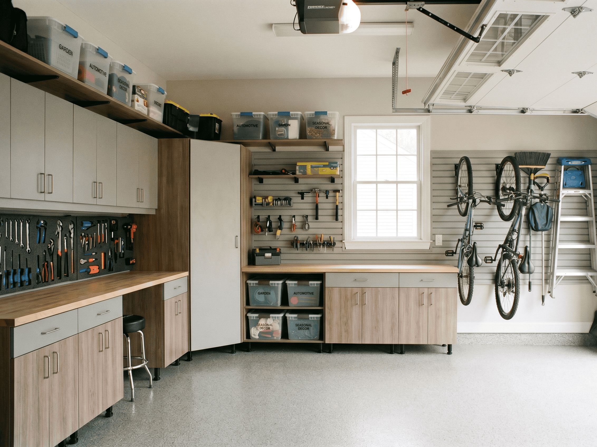 Efficient garage storage with cabinets, shelves, and bike racks for a tidy, functional space.