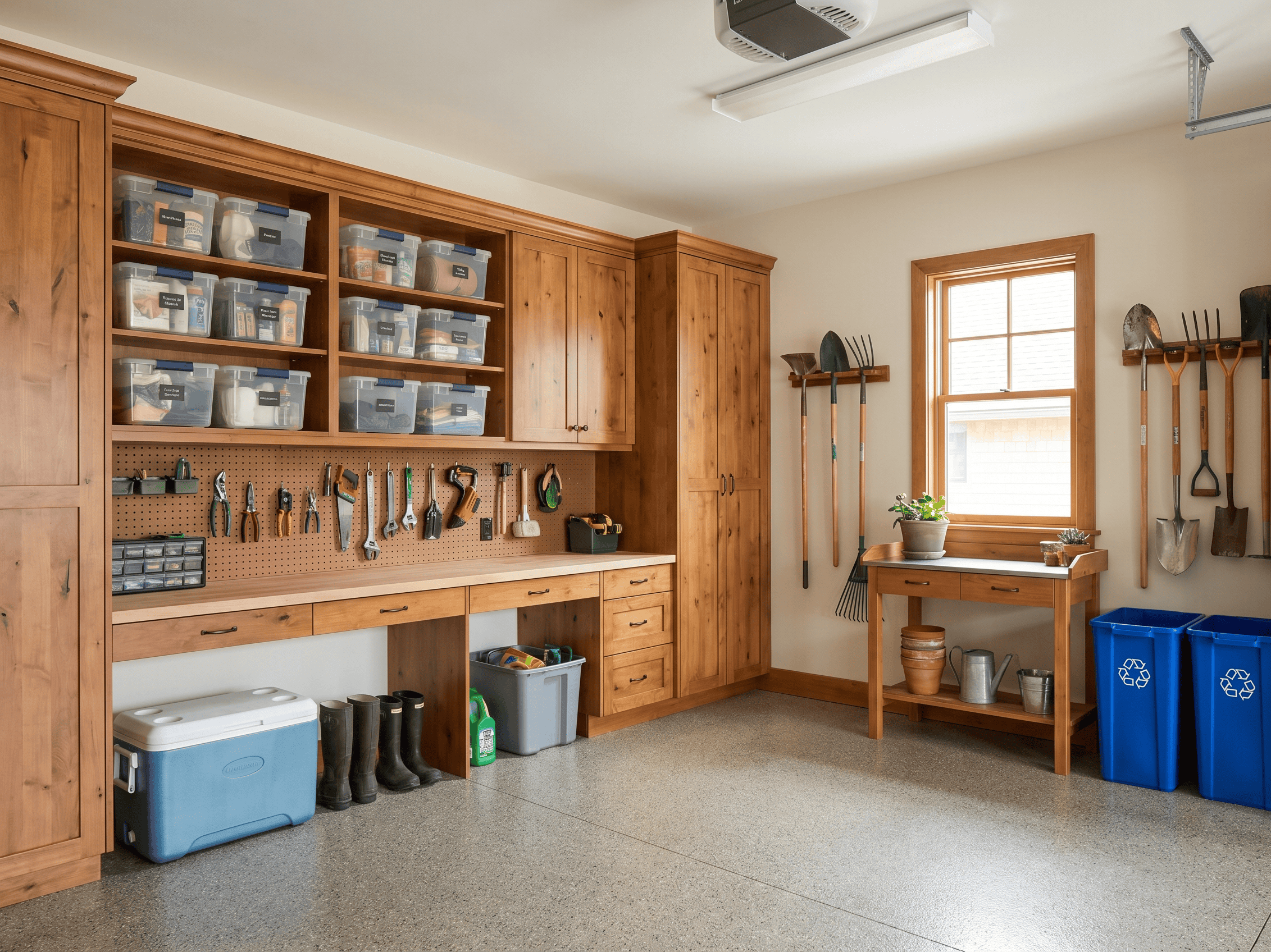 Well-organized garage with wooden cabinets, pegboard tools, and storage bins for efficient space use.