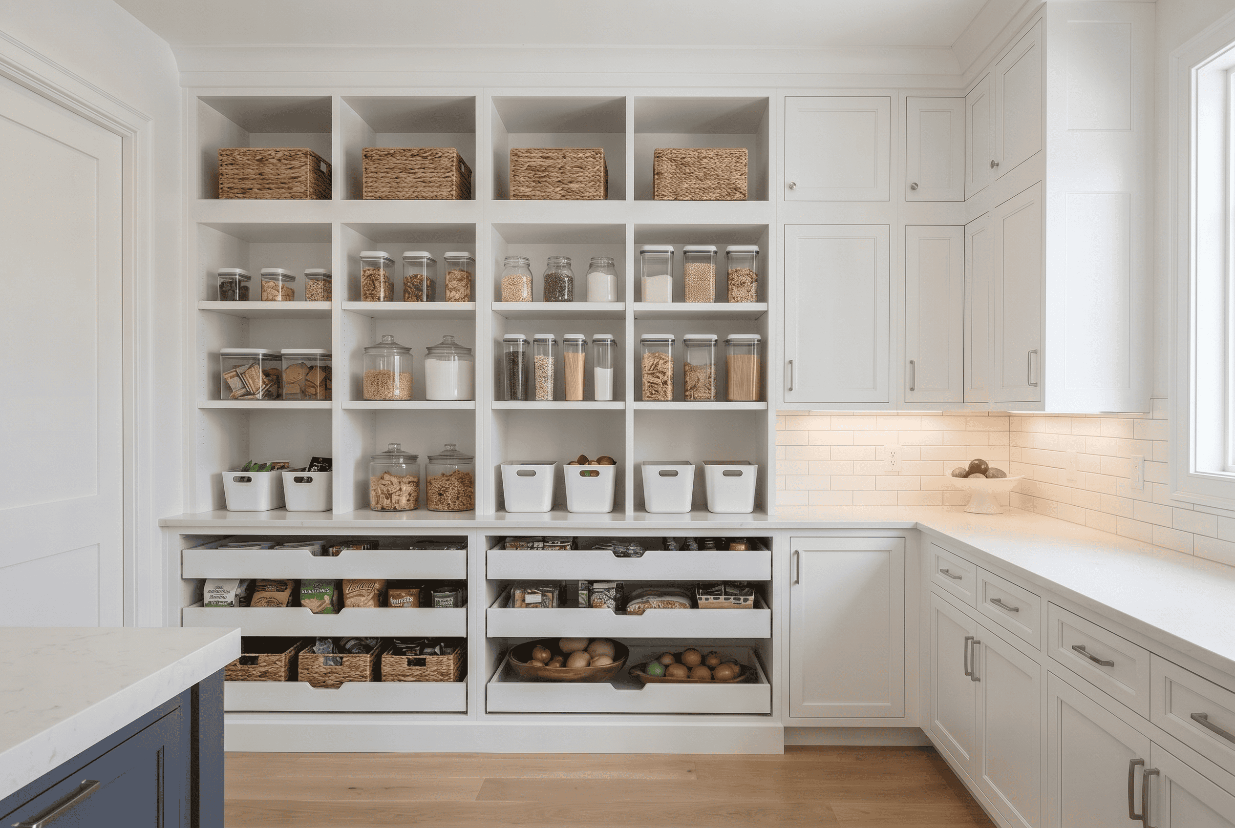Custom white pantry closet with organized shelves for food storage and kitchen essentials.